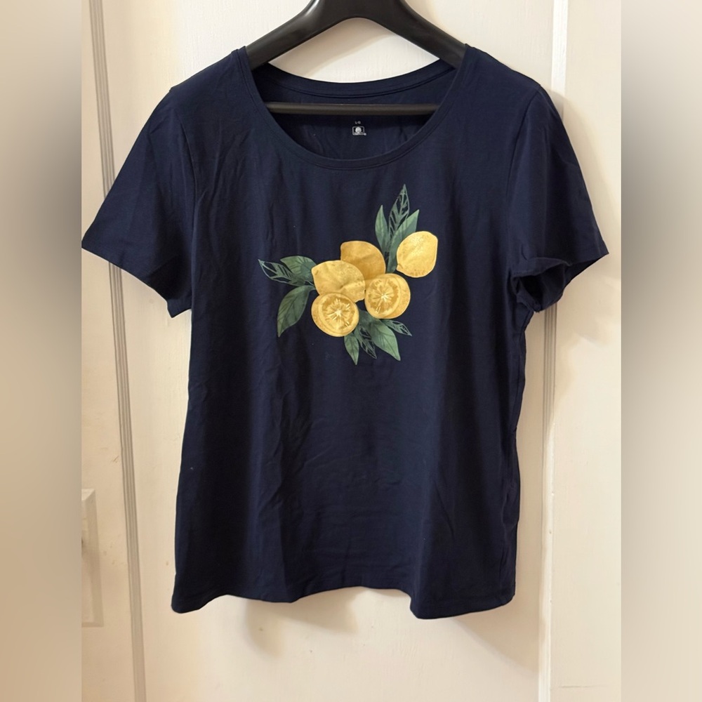 Navy Blue Lemon Print Women's Top